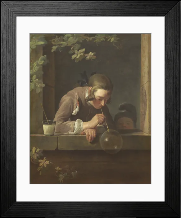 Framed Print : Soap Bubbles, by Jean Chardin, 1733-34, French painting, oil on canvas. A boy concentrates on a quivering bubble, ready to slip from his pipe