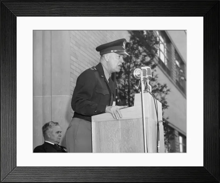 Framed Print : Gen. Eisenhower speaking at the Aircraft Engine Research Laboratory at Lewis Field, Cleveland, Ohio