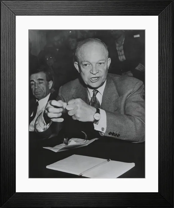 Framed Print : Gen. Dwight Eisenhower testifies to a Senate Finance Committee on the post war reduction of defense spending. March 1950. - (BSLOC_2014_16_65)