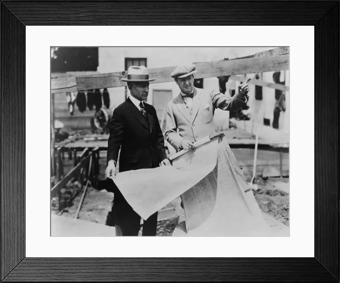 Framed Print : Adolph Zukor (left) and Jesse Lasky at a construction site holding blueprints