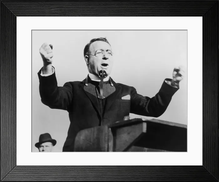 Framed Print : Charles Coughlin, with fists raised, attacks the New Deal in Boston, 1936. Wearing a microphone around his neck, he spoke at the National League baseball field, Boston