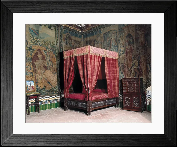 Framed Print : SPAIN. Segovia. Alcazar (castle). Philip II of Spain's bedroom. Royal bed made of walnut wood and decorated with gold cloth. Gothic art. Furniture. - J