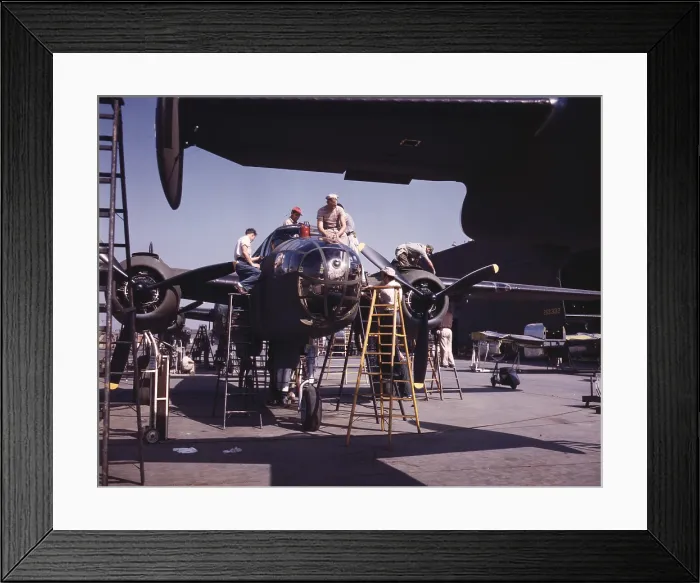 Framed Print : Outdoor assembly line at North American Aviation puts the finishing touches on another B-25 bomber. Inglewood, California, during World War 2, Oct. 1942. (BSLOC_2013_14_125)