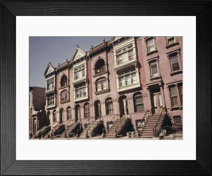 Framed Print : Brownstone apartments under renovation in Brooklyn. The turn of the century buildings are faced with brown sandstone. Ca. 1973-75 Framed Print : Brownstone apartments under renovation in Brooklyn. The turn of the century buildings are faced with brown sandstone. Ca. 1973-75
