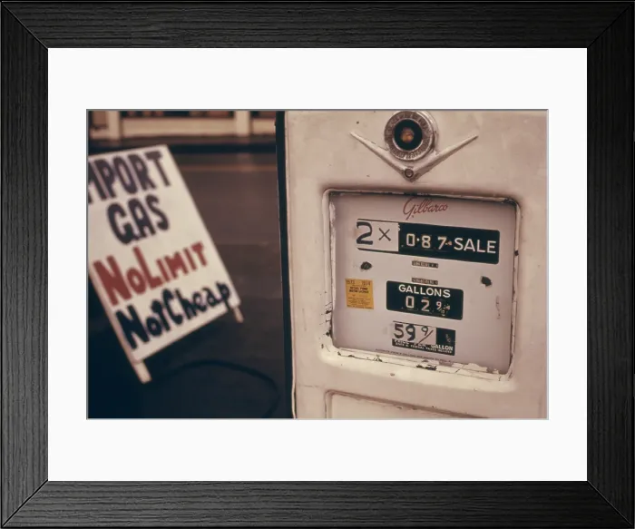 Framed Print : Gas station sells imported gasoline at 1.74 a gallon double the regular price during the 1973-74 energy crisis
