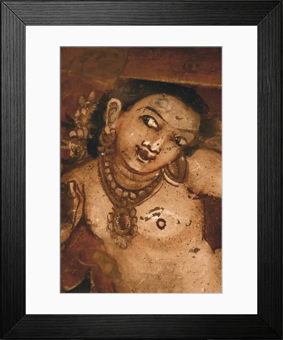 Framed Print : INDIA. Ajanta. Ajanta Caves. Figure of a woman. Detail of one of the 'Jataka', reincarnations and episodes from the life of Buddha. Wall painting of the cave 2