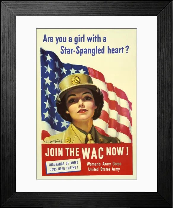 Framed Print : Recruiting Poster for the U.S. Women's Army Corps. It reads, Are you a girl with star-spangled heart?--Join the WAC now!--Thousands of Army jobs need filling! 1943