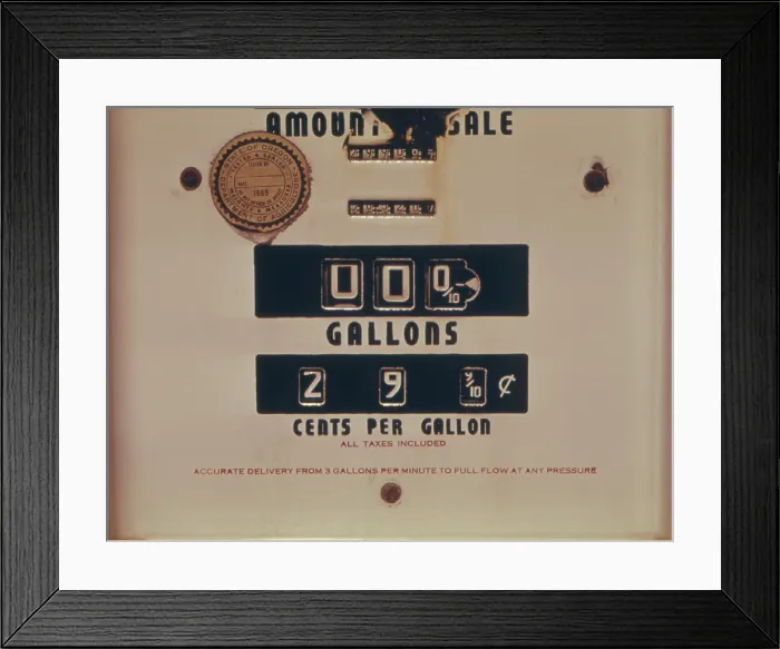 Framed Print : An abandoned gasoline pump with a price of 29.9 cents per gallon. During the 1973-74 energy crisis this price was a nostalgic memory. The pump bears a 1969 state seal