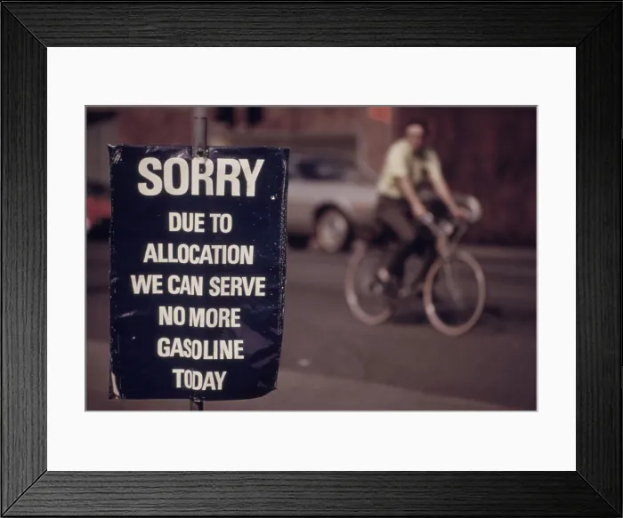Framed Print : Sorry. Due to allocation we can serve no more gasoline today reads a sign at the end of the energy crisis in April 1974 when OPEC oil cartel lifted its embargo on sales