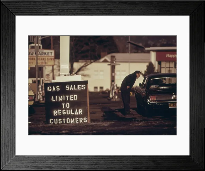 Framed Print : Gas Sales Limited to Regular Customers reads a sign at an Tigard Oregon during the 1973-74 energy crisis