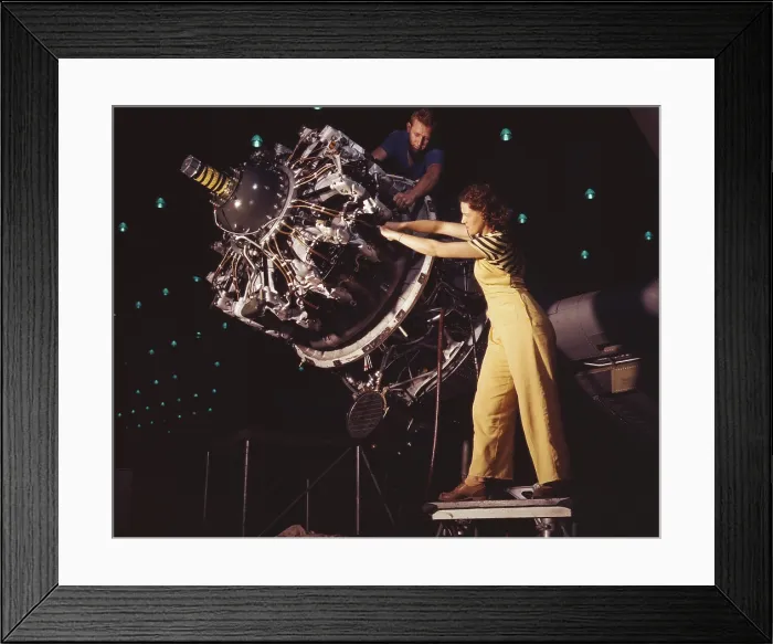 Framed Print : Woman war worker performing precise aircraft engine installation detail. Douglas Aircraft Company plant, Long Beach, California, during World War 2, ca. 1942-45 Framed Print : Woman war worker performing precise aircraft engine installation detail. Douglas Aircraft Company plant, Long Beach, California, during World War 2, ca. 1942-45