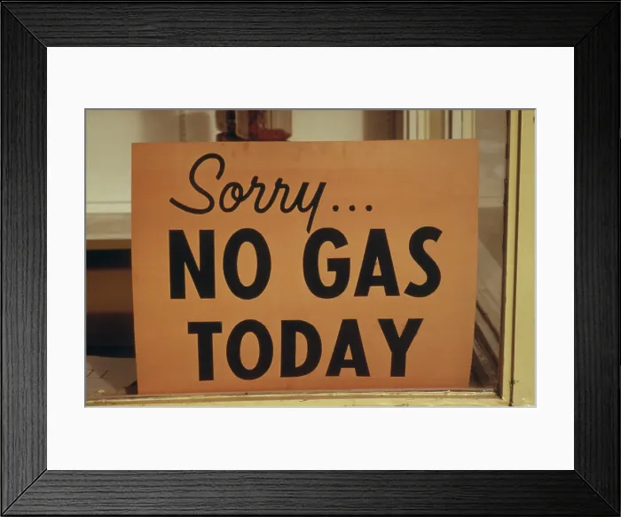 Framed Print : Sorry NO GAS TODAY sign at an Oregon Gas Station in October 1973