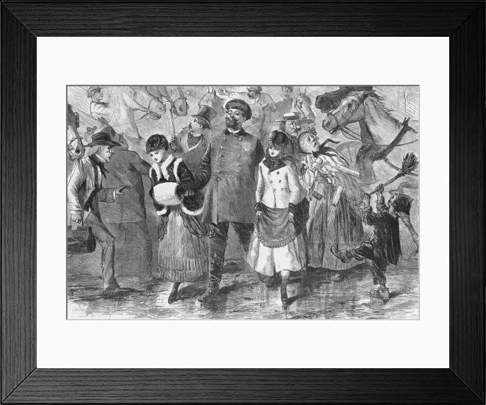 Framed Print : Policeman escorting two pretty young women across Broadway, New York City, while surrounded by the chaos of horse and wagon traffic endangering less attractive citizens. 1870