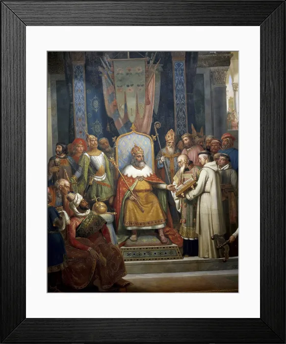 Framed Print : SCHNETZ, Jean-Victor (1787-1870). Charlemagne surrounded by his principal officers receives Alcuin of York, which presents the writings of his monks. Painting ca 1833