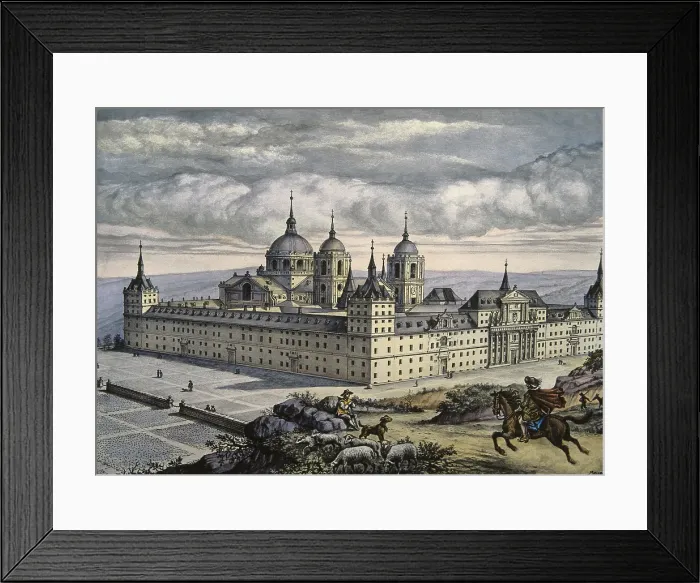 Framed Print : BENEDI. 'Royal Courier of the Court of Felipe II'. Arrival of the courier to the Royal Monastery of El Escorial. Early Modern Era. Litography. SPAIN. Madrid Framed Print : BENEDI. 'Royal Courier of the Court of Felipe II'. Arrival of the courier to the Royal Monastery of El Escorial. Early Modern Era. Litography. SPAIN. Madrid
