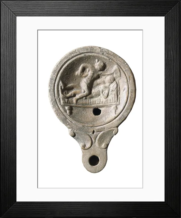 Framed Print : Voluted roman oil lamp with erotic scene. 1st c. A.D. Roman art. Early Empire. Terra-cotta. SPAIN. Barcelona. Archaeology Museum of Catalonia. Proc: SPAIN. L'Escala. Empuries