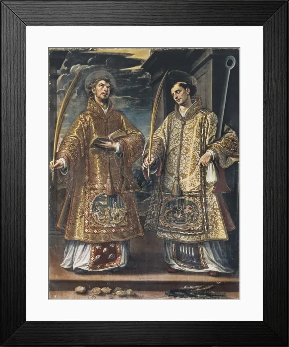 Framed Print : SANCHEZ COELLO, Alonso (1531-1588). Saint Lawrence and Saint Stephen. 1580. Renaissance art. Oil on canvas. SPAIN. San Lorenzo de El Escorial