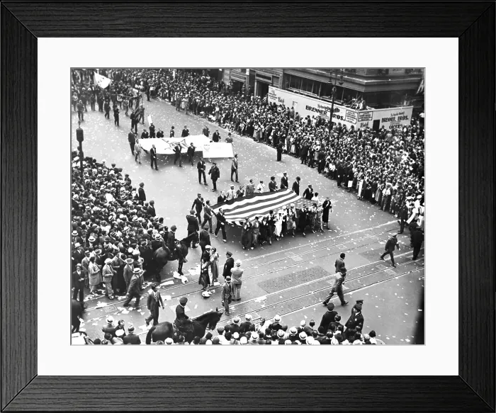 Framed Print : National Recovery Administration (NRA) parade, NYC, 1933. The large American flag is carried by female film industry workers. (BSLOC_2013_7_91)