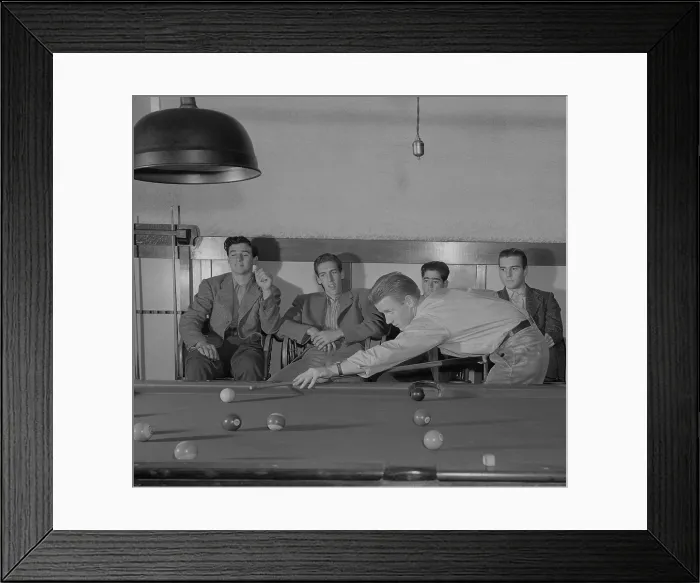 Framed Print : Small town high school youths idling in the pool hall on Saturday afternoon, Hayward, California. Ca. 1937. (BSLOC_2013_8_108)