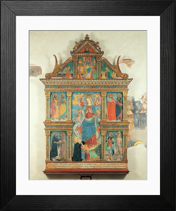Framed Print : Bartolomeo de Benzi, Madonna and Angels with Clients, Sts Dominic and Francis embracing, Sts Roch and Sebastian, Sts Peter and Paul, Sts Jerome and Anthony Abbot, Annunciation