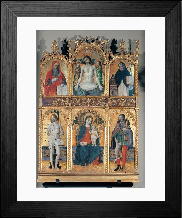 Framed Print : Unknown artist, Madonna and Child Enthroned with Sts Sebastian and Roch, Christ in Piet with Angels between Sts Jerome and Anthony of Padua, 16th Century, tempera on panel, Italy