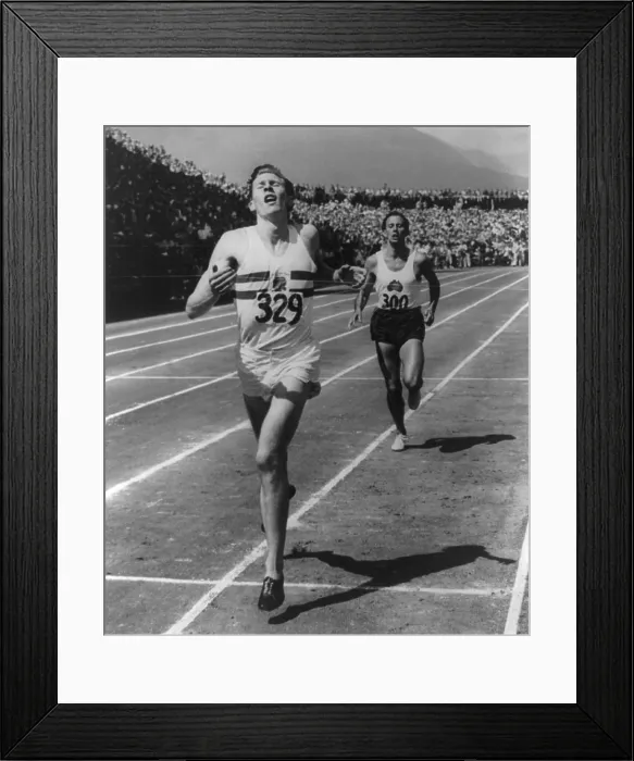 Framed Print : Roger Bannister leads John Landy of Australia across the finish line at British Empire Games, 1954 Framed Print : Roger Bannister leads John Landy of Australia across the finish line at British Empire Games, 1954