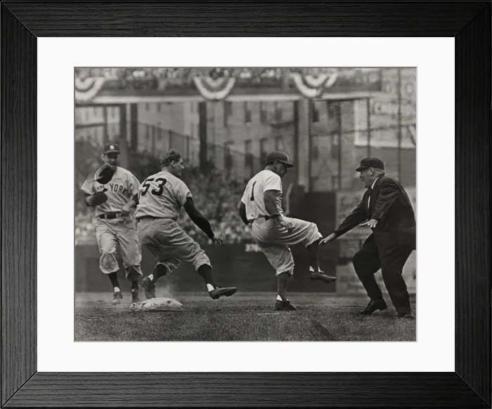 Framed Print : Pee Wee Reese dances to a safe decision. Bill Summers giving the safe sign as Brooklyn Dodger shortstop Pee Wee Reese, #1, crosses first base. Oct. 1, 1955 Framed Print : Pee Wee Reese dances to a safe decision. Bill Summers giving the safe sign as Brooklyn Dodger shortstop Pee Wee Reese, #1, crosses first base. Oct. 1, 1955