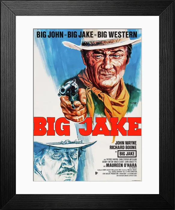 Framed Print : BIG JAKE, German poster art, from bottom left: Richard Boone, John Wayne, 1971