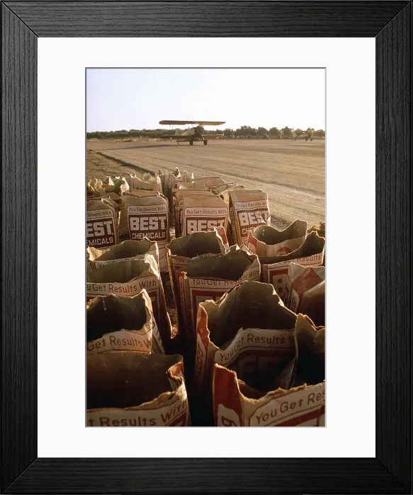 Framed Print : Used bags of Best Chemical bags next to a runway where a bi-plane is about to take off to spread the chemicals over crops near Fresno California. Ca. 1973-75