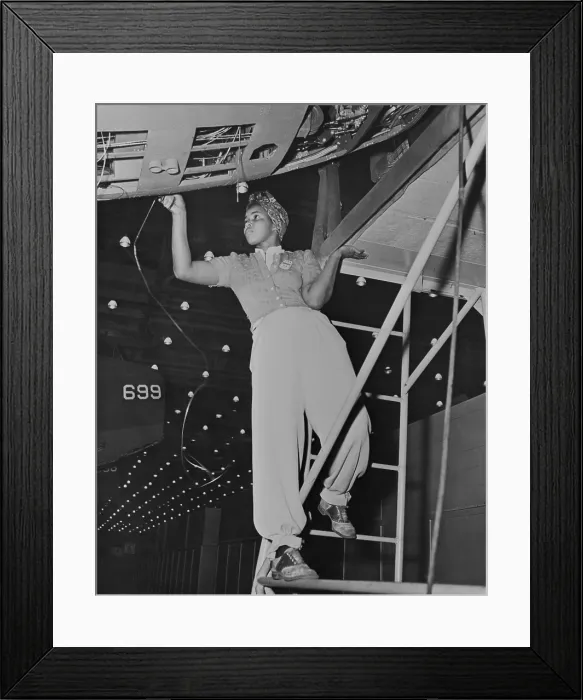 Framed Print : Racially integrated workers in a Douglas Aircraft Company during World War 2. In the Long Beach Plant men and women of fifty-eight national origins worked side by side. Ca