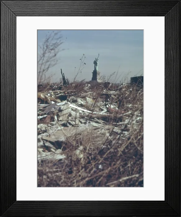 Framed Print : Dump in New Jersey with a view of the back of the Statue of Liberty in New York Harbor. This landfill was developed into Liberty State Park which opened June 14 1976 Framed Print : Dump in New Jersey with a view of the back of the Statue of Liberty in New York Harbor. This landfill was developed into Liberty State Park which opened June 14 1976