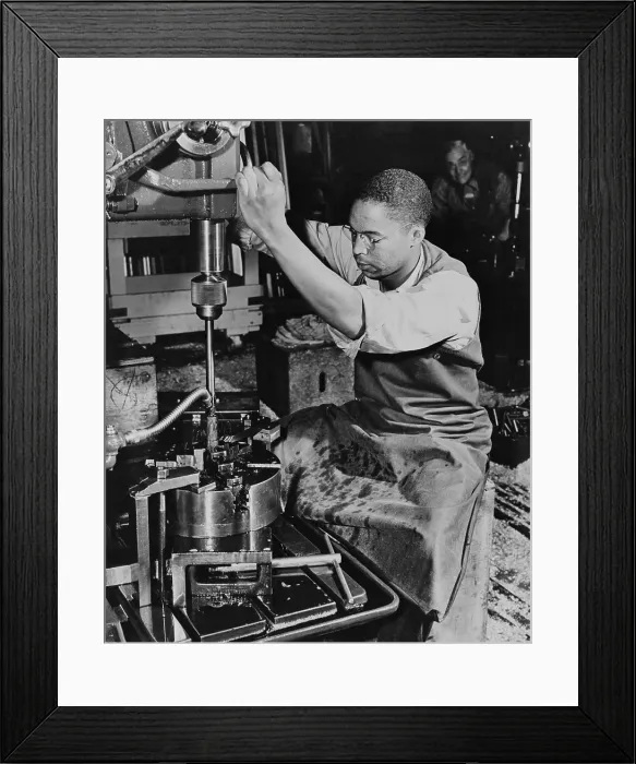 Framed Print : African American aircraft worker at Douglas Aircraft Company. El Segundo, California, during World War 2, ca. 1942-45. (BSLOC_2013_14_133) Framed Print : African American aircraft worker at Douglas Aircraft Company. El Segundo, California, during World War 2, ca. 1942-45. (BSLOC_2013_14_133)
