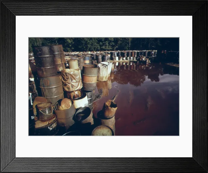 Framed Print : Some of 3 000 drums containing hazardous industrial waste in storage for over 6 months in a swampy field near Ville Platte Louisiana. The waste was brought in from Houston Texas