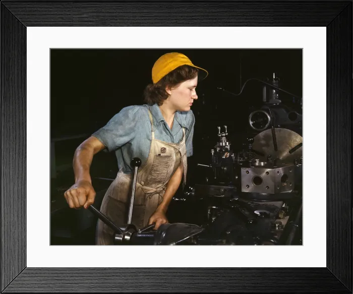 Framed Print : Muscular woman lathe operator machining aircraft parts during World War 2. Consolidated Aircraft Corporation plant, Fort Worth, Texas. Oct. 1942. (BSLOC_2013_14_142)