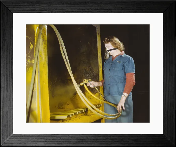 Framed Print : 30 year old mother of two children, spraying small parts for U.S. Army gasoline trailer tanks. Heil Company, Milwaukee, Wisconsin. Feb. 1943. (BSLOC_2013_14_143)