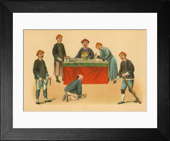 Framed Print : Court Hearing in Imperial China. Defendant kneels under guard before a magistrate. Ca. 1800