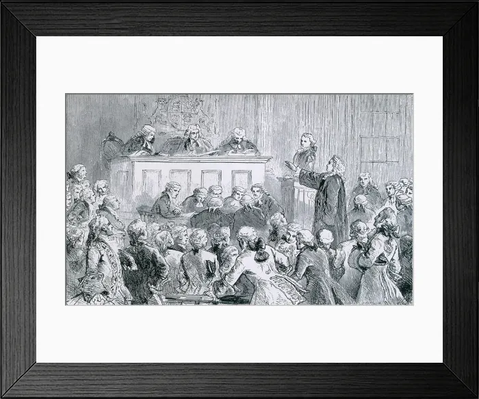 Framed Print : Peter Zenger, a colonial New York printer of the NEW YORK JOURNAL, in the dock (at right), was successfully defended by Andrew Hamilton, one of the best American lawyers