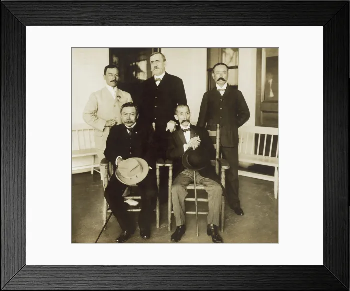 Framed Print : Japanese Peace Commission at Portsmouth, New Hampshire, August 1905. Seated, L-R: Kogoro Takahira and Baron Jutaro Komura. Standing is an American advisor, W.H Framed Print : Japanese Peace Commission at Portsmouth, New Hampshire, August 1905. Seated, L-R: Kogoro Takahira and Baron Jutaro Komura. Standing is an American advisor, W.H