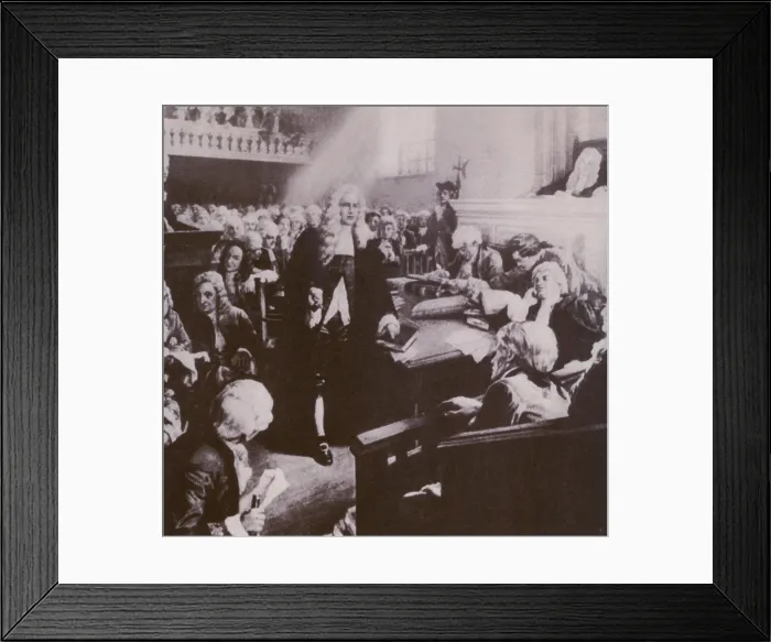 Framed Print : Peter Zenger's Philadelphia lawyer, Andrew Hamilton, defying court protocol