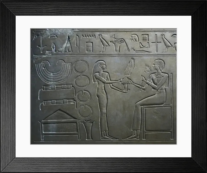 Framed Print : Sarcophagus of Queen Kawit. 2040 BC. Detail with the representation of Queen Kawit sniffing the scent of lotus, symbol of the life. Egyptian art. Middle Kingdom. Relief on rock