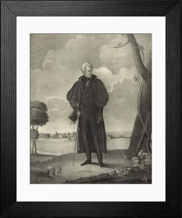 Framed Print : President Andrew Jackson, in full-length portrait standing in a landscape, c. 1833. Jacksons head is based on Ralph E. W