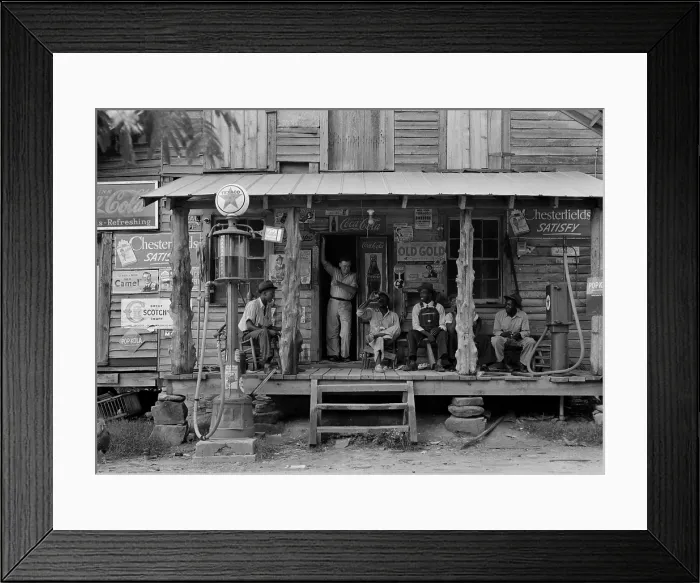Framed Print : African Americans socializing on a Sunday afternoon at a country store, Gordonton, North Carolina, July 1939. The white store keeper joins the conversations