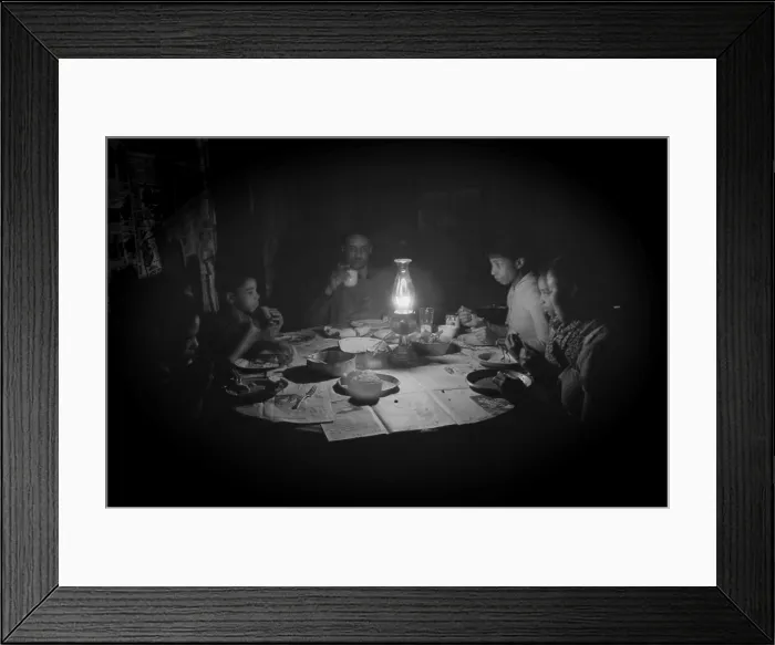 Framed Print : African American tenant farming family dining by kerosene lantern light, Depew, Oklahoma, Feb. 1940. Newspapers serve as the table cloth. Photo by Russell Lee. (BSLOC_2013_8_127) Framed Print : African American tenant farming family dining by kerosene lantern light, Depew, Oklahoma, Feb. 1940. Newspapers serve as the table cloth. Photo by Russell Lee. (BSLOC_2013_8_127)