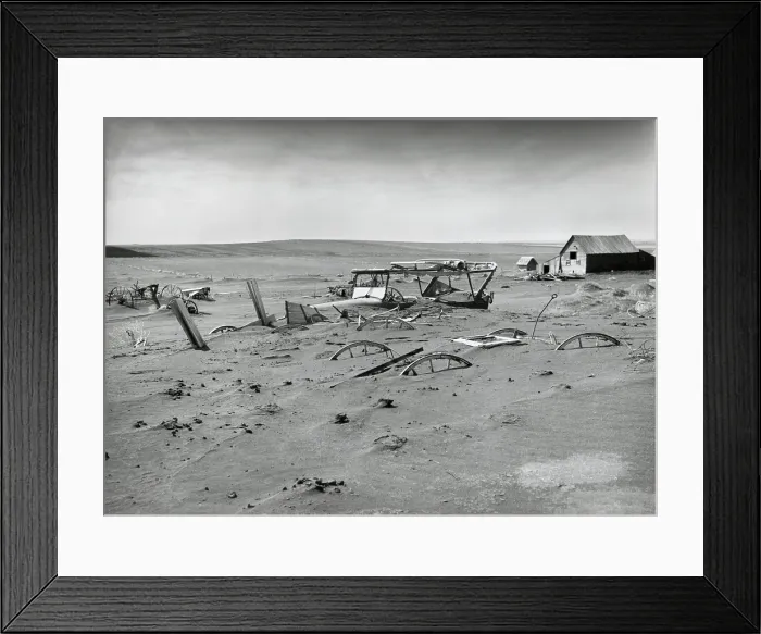 Framed Print : Buried machinery in a barn lot in Dallas, South Dakota in 1936. The Dust Bowl ecological disaster extended from Texas into the Northern Plains and Canada. (BSLOC_2013_8_13)
