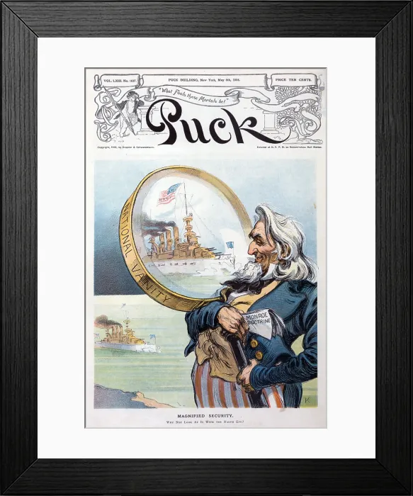 Framed Print : The Great White Fleet. Illustration shows a gigantic Uncle Sam examining a battleship of the US Navy's 'Great White Fleet'. 1908