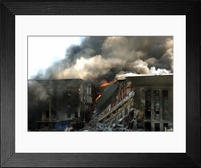 Framed Print : Burning gash in the outer face of the Pentagon shortly after terrorists crashed American Airlines Flight 77 into the building on Sept Framed Print : Burning gash in the outer face of the Pentagon shortly after terrorists crashed American Airlines Flight 77 into the building on Sept