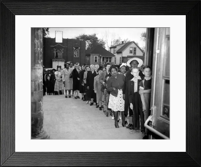 Framed Print : Racially integrated waiting line in a Northern American city during World War 2. They are waiting to purchase rationed sugar, ca. 1942-45. (BSLOC_2013_14_158) Framed Print : Racially integrated waiting line in a Northern American city during World War 2. They are waiting to purchase rationed sugar, ca. 1942-45. (BSLOC_2013_14_158)