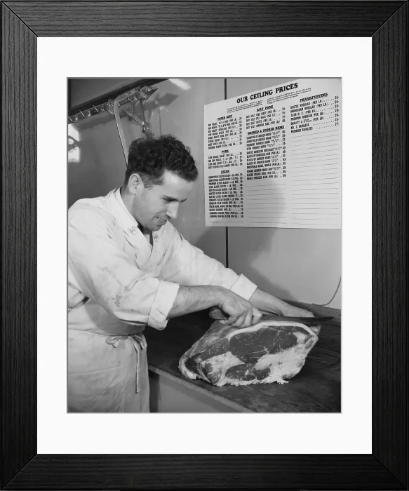 Framed Print : Ceiling prices on meats are posted by an American butcher during World War 2. From 1942 until 1946, meat prices were controlled by the Office of Price Administration Framed Print : Ceiling prices on meats are posted by an American butcher during World War 2. From 1942 until 1946, meat prices were controlled by the Office of Price Administration