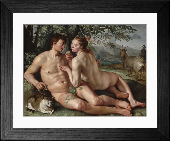 Framed Print : The Fall of Man, by Hendrick Goltzius, 1616, Dutch painting, oil on canvas. Goltzius presents the seduction based on mutual romantic attraction