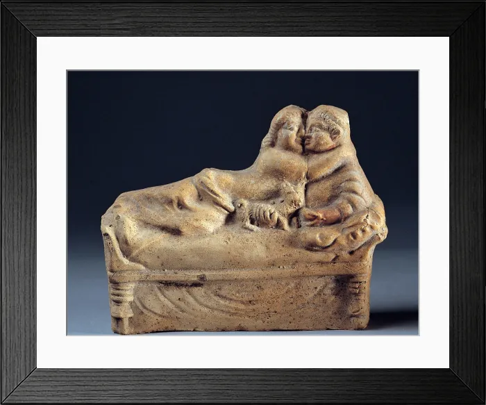 Framed Print : Unknown artist, Group with couple kissing on kline, 1st Century, terracotta, full relief, Italy, Campania, Naples